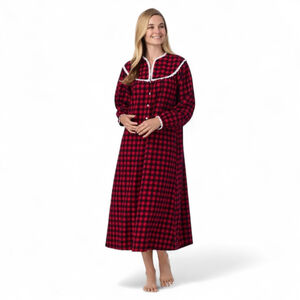 Lanz of Salzburg Buffalo Check Cozy Flannel Midi Ruffled Gown Women's Sz S